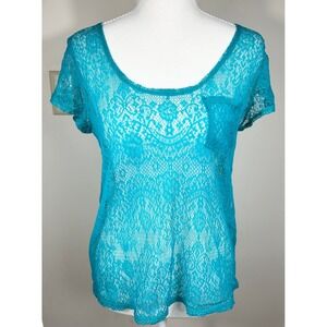 Mudd Sheer Top Mesh Lace Crochet Overlay S/S Tropic Green Women's L Dainty BOHO